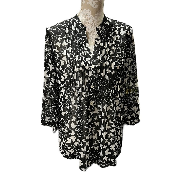 Charter Club Top Butterfly Black White Sheer Button-Front Blouse Women's M - Picture 3 of 12